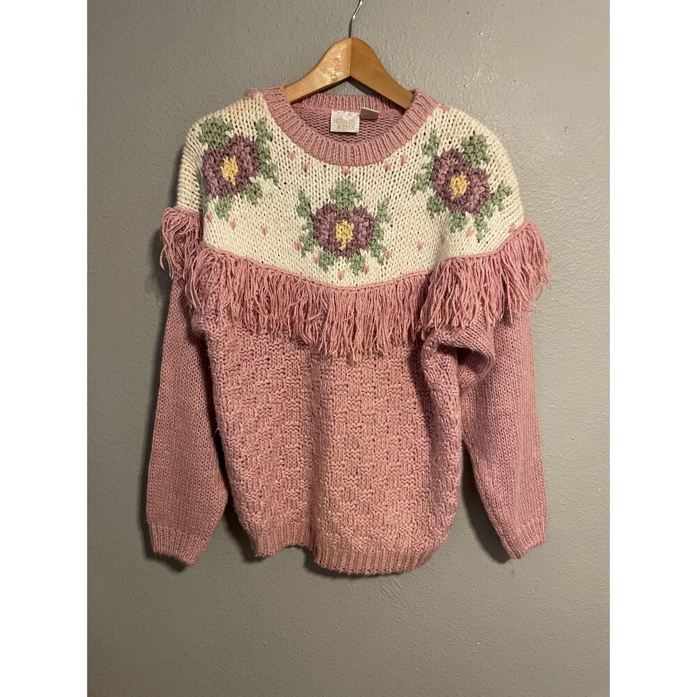 Vintage Needles & Yarn Sweater Womens Small Pink Fringe Floral Yoke Knit Granny